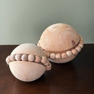 2 Carved Wood Balls Bowl Filler Farmhouse Rustic Coastal Decor Natural 5” & 4”